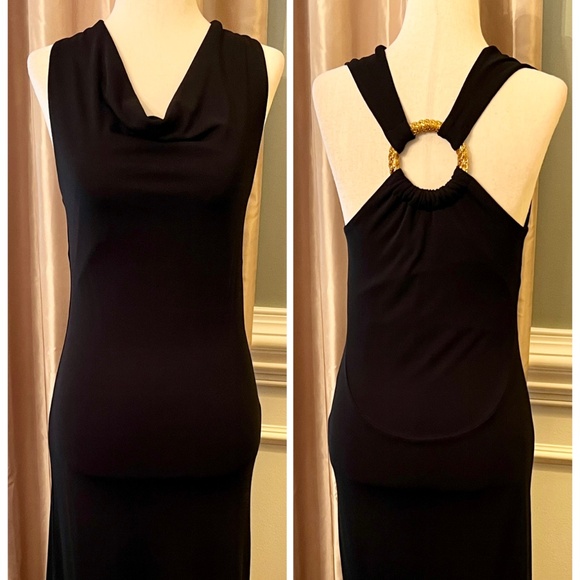 NWOT Carmen Marc Valvo Black Stretch Draped Neck Sheath Ring Back Dress Size XS - Picture 1 of 4